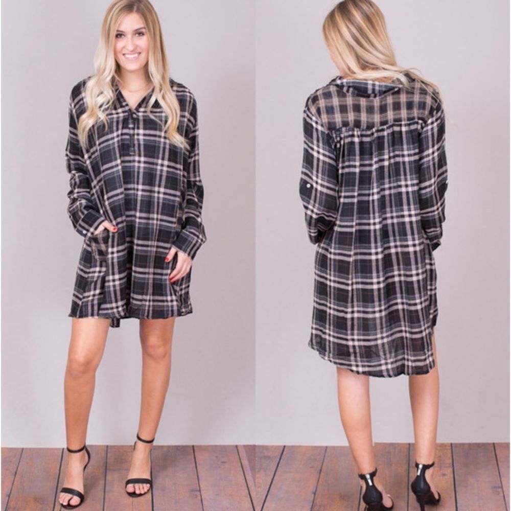 Umgee Plaid Shirt Dress Long Sleeve Cotton Blend Black Cream Grey Size Large